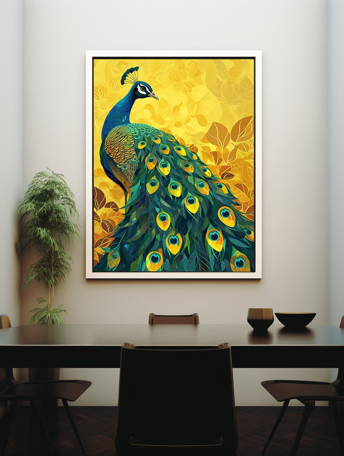Emerald Green Peacock Displayed on a Golden Floral Background Poster - Image 7