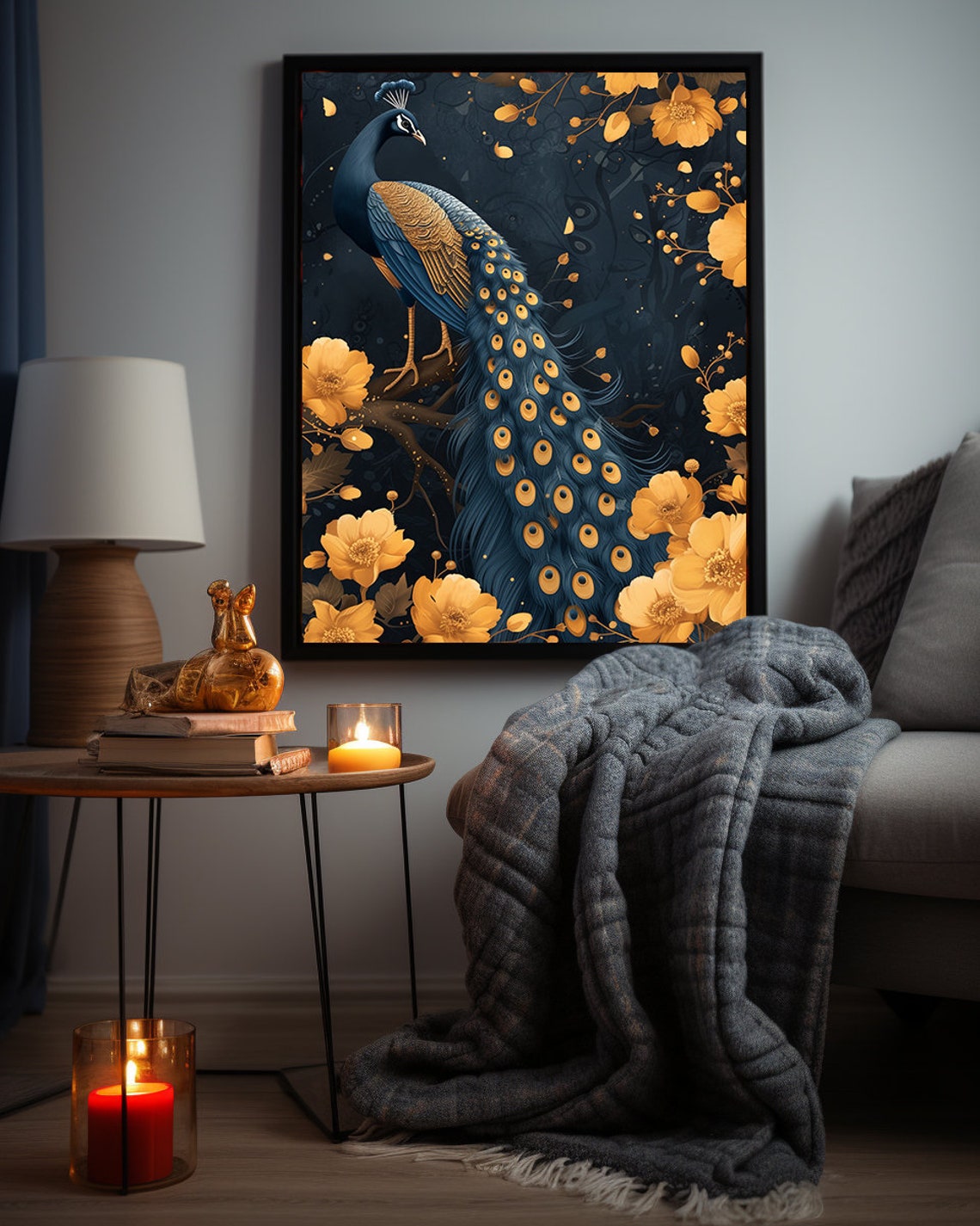 Peacock With Golden Blossoms Glowing on Midnight Navy Poster - Image 7