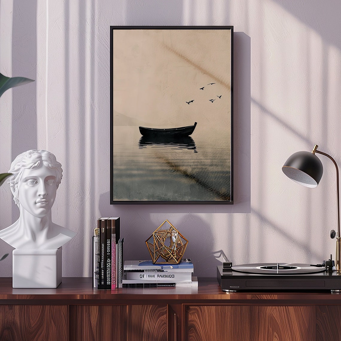 Minimalist Rowboat Floating on a Still Lake in Sepia Tones Poster