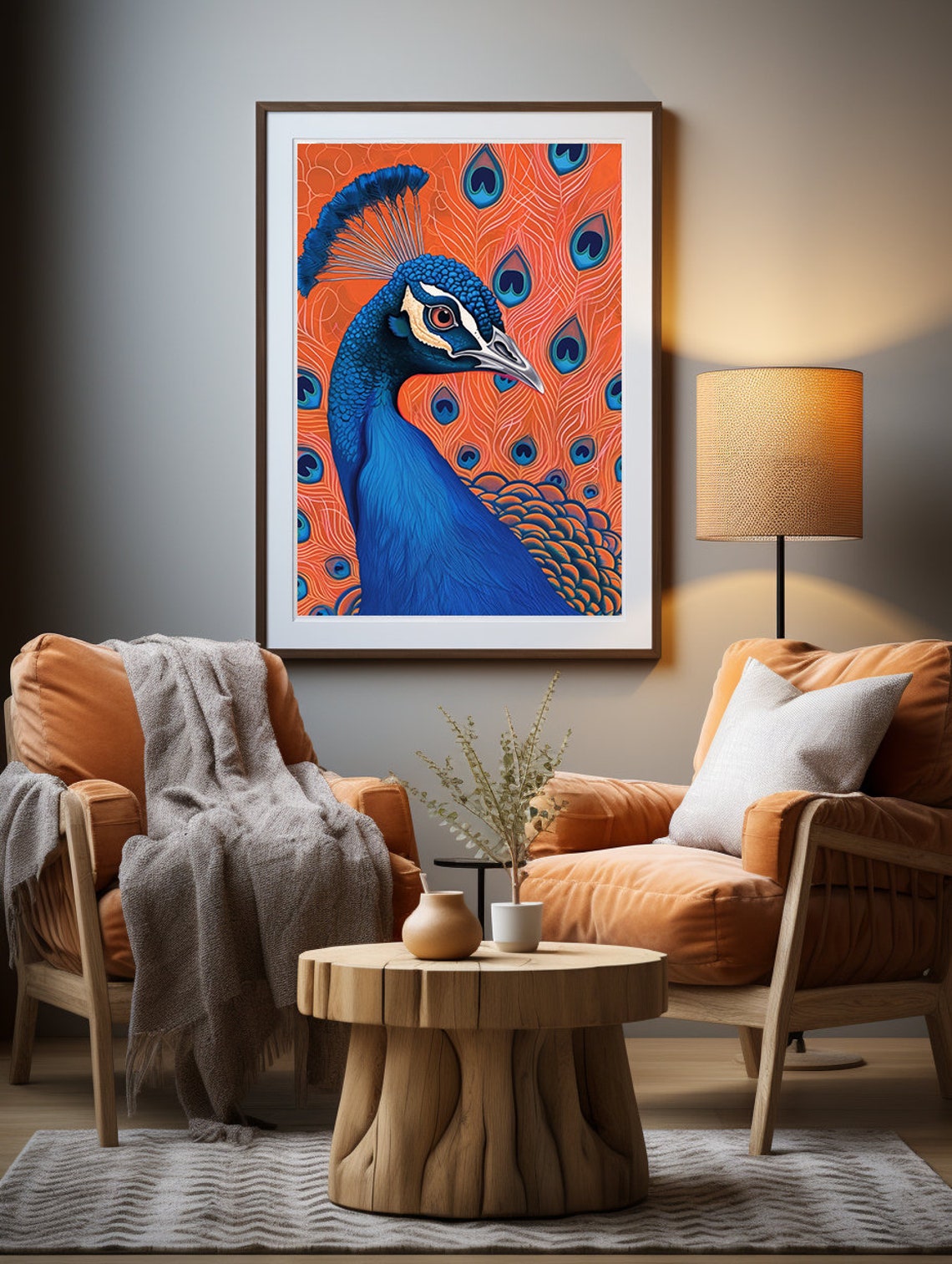 Vibrant Blue Peacock Head on a Fiery Orange Background Poster - Image 4