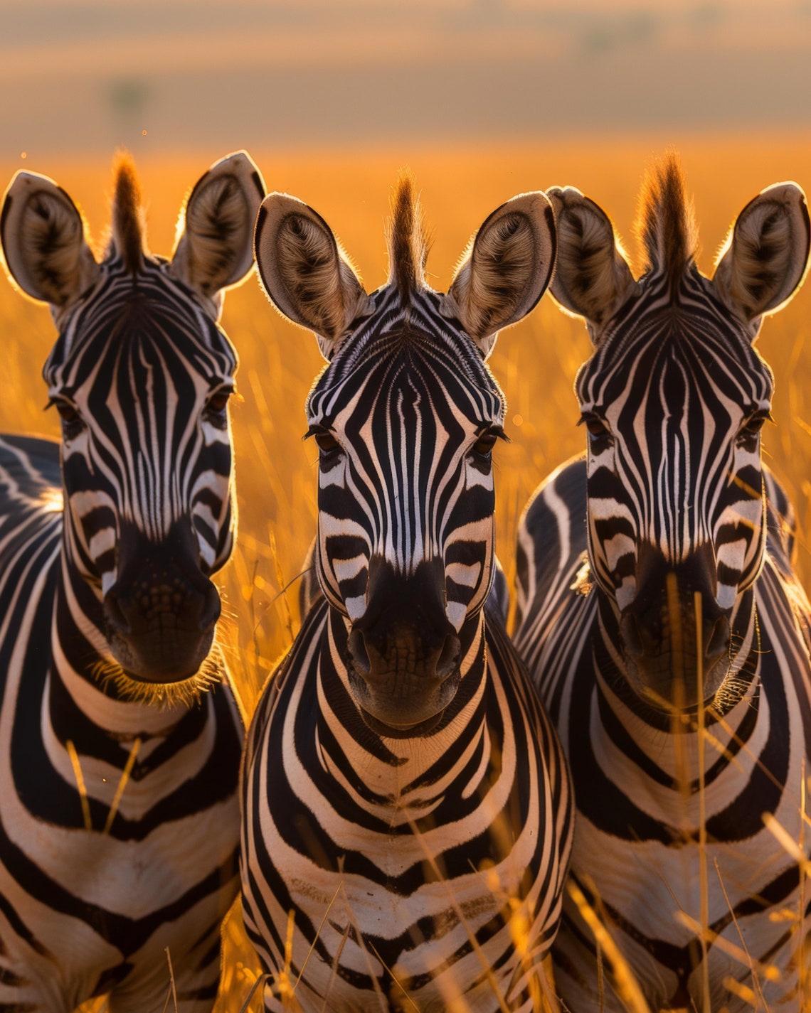 Three Zebras Facing Forward in Glowing Golden Savannah Light Poster - Image 2