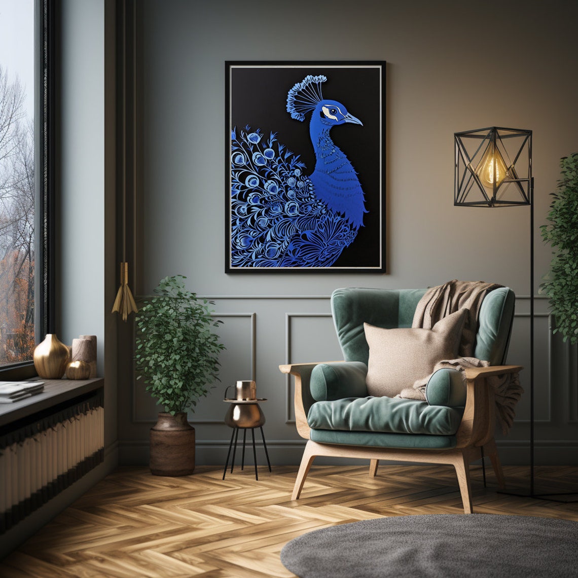 Royal Blue Peacock in Intricate Paper Cut Silhouette on Black Poster - Image 5