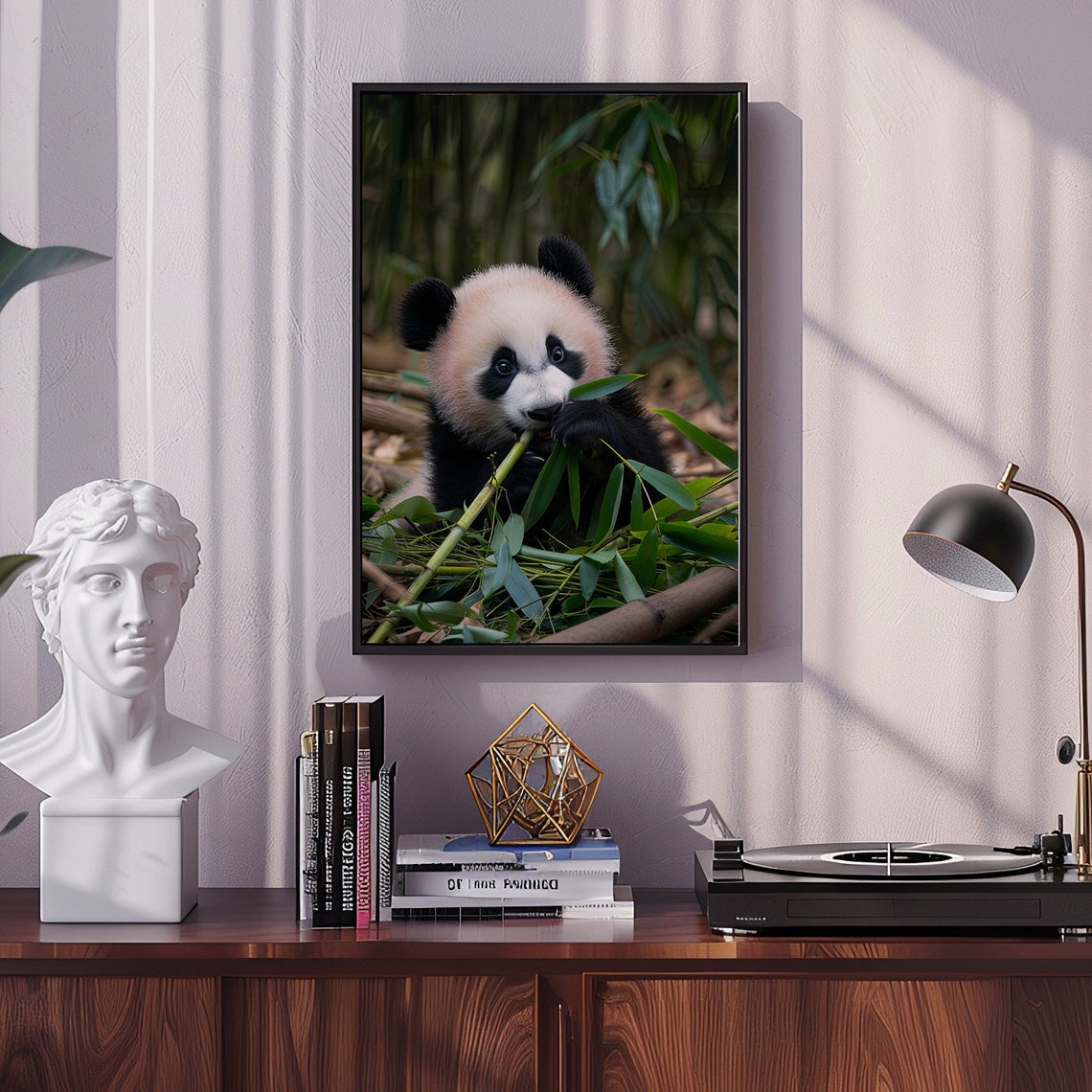 Baby Panda Cub Eating Bamboo Shoots in a Green Forest Poster