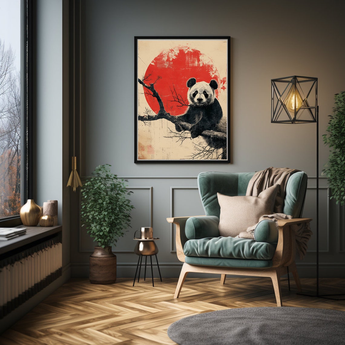 Panda Resting on a Tree Branch Beneath a Bold Red Sun Poster - Image 6