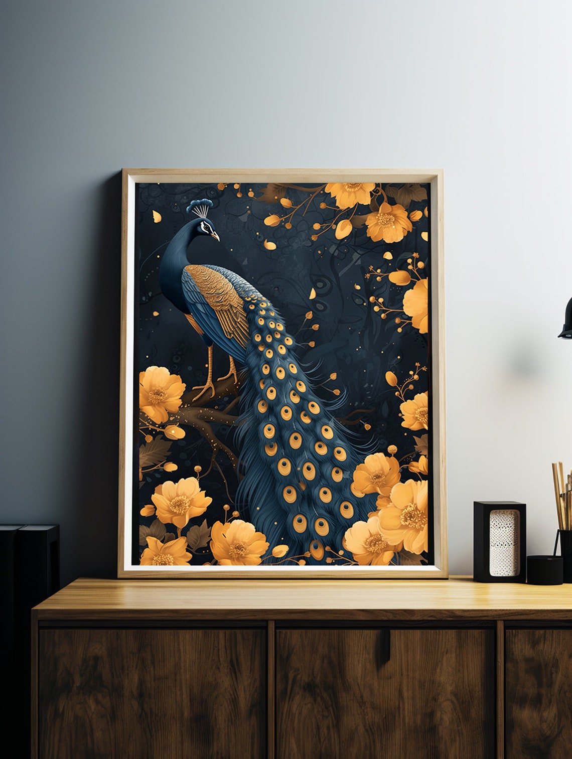 Peacock With Golden Blossoms Glowing on Midnight Navy Poster - Image 3