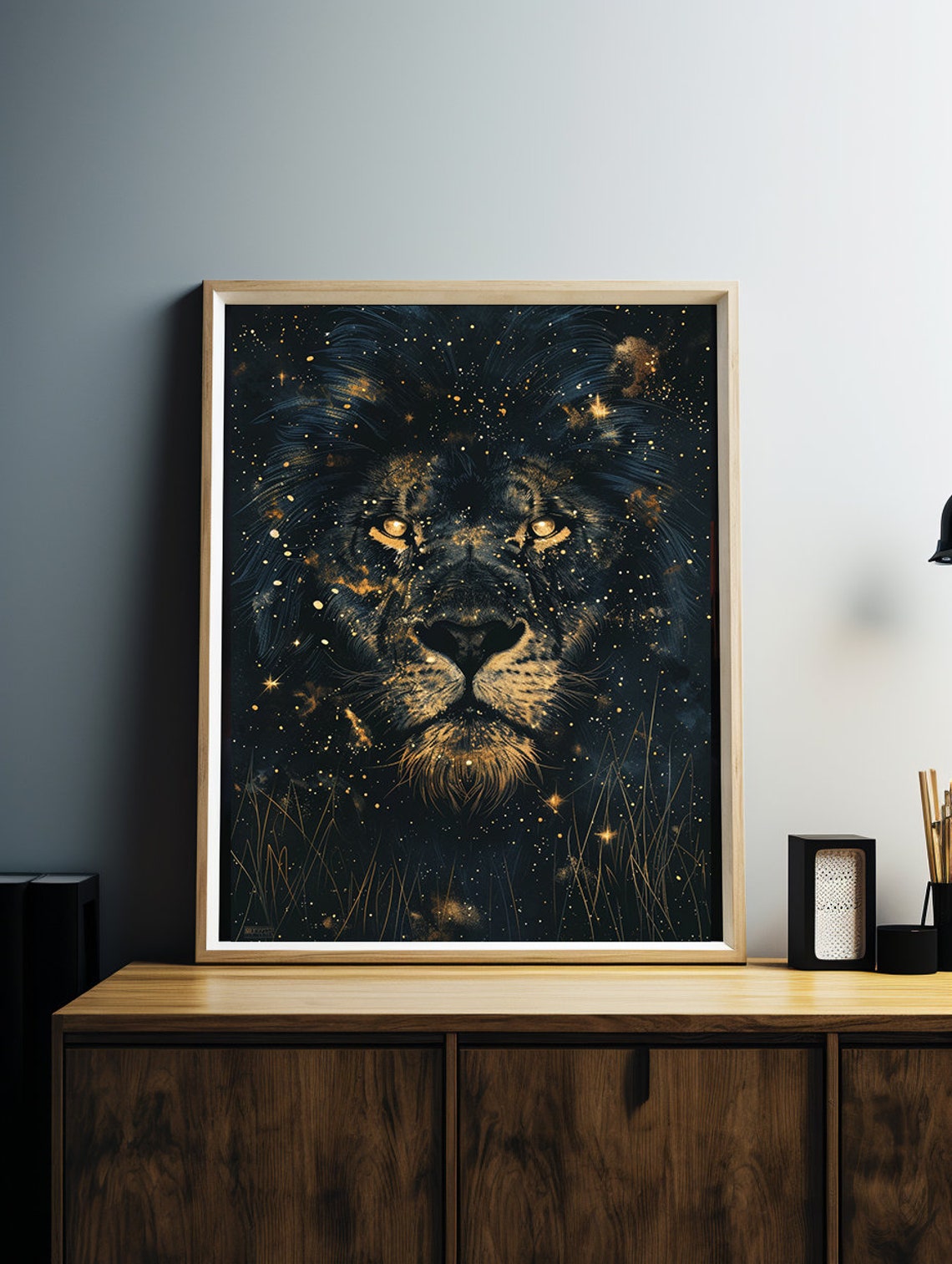 Majestic Lion Face Emerging from a Starry Cosmic Night Sky Poster - Image 3