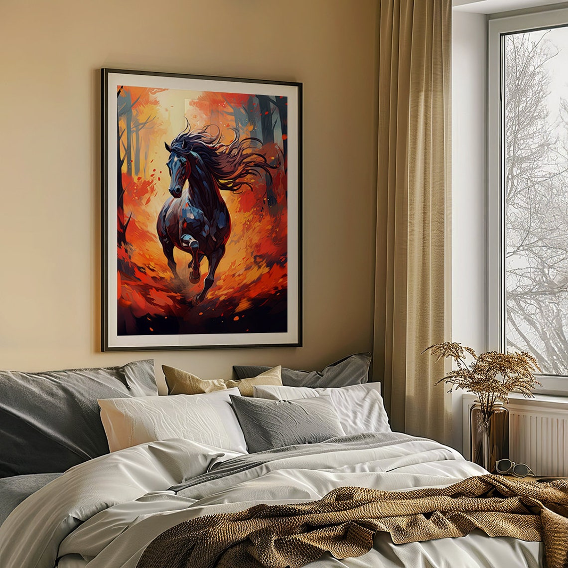 Black Horse Galloping Through a Blazing Autumn Fire Forest Poster - Image 4