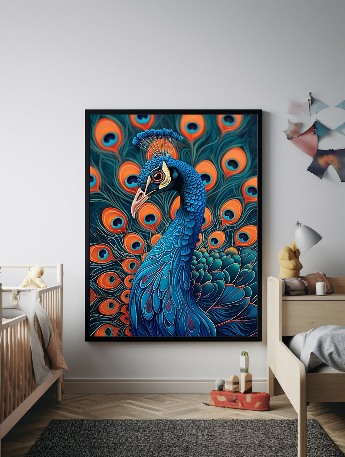 Blue Peacock Head Rising Over a Turquoise Feather Fan Poster - Image 2