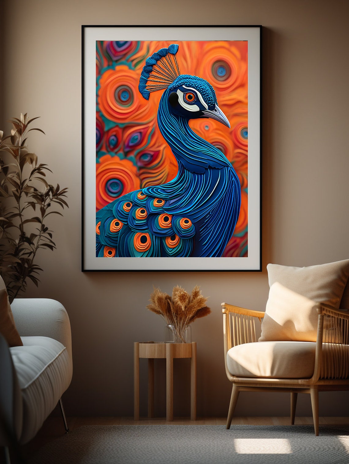 Stylized Blue Peacock Set Against a Swirling Orange Sky Poster - Image 5