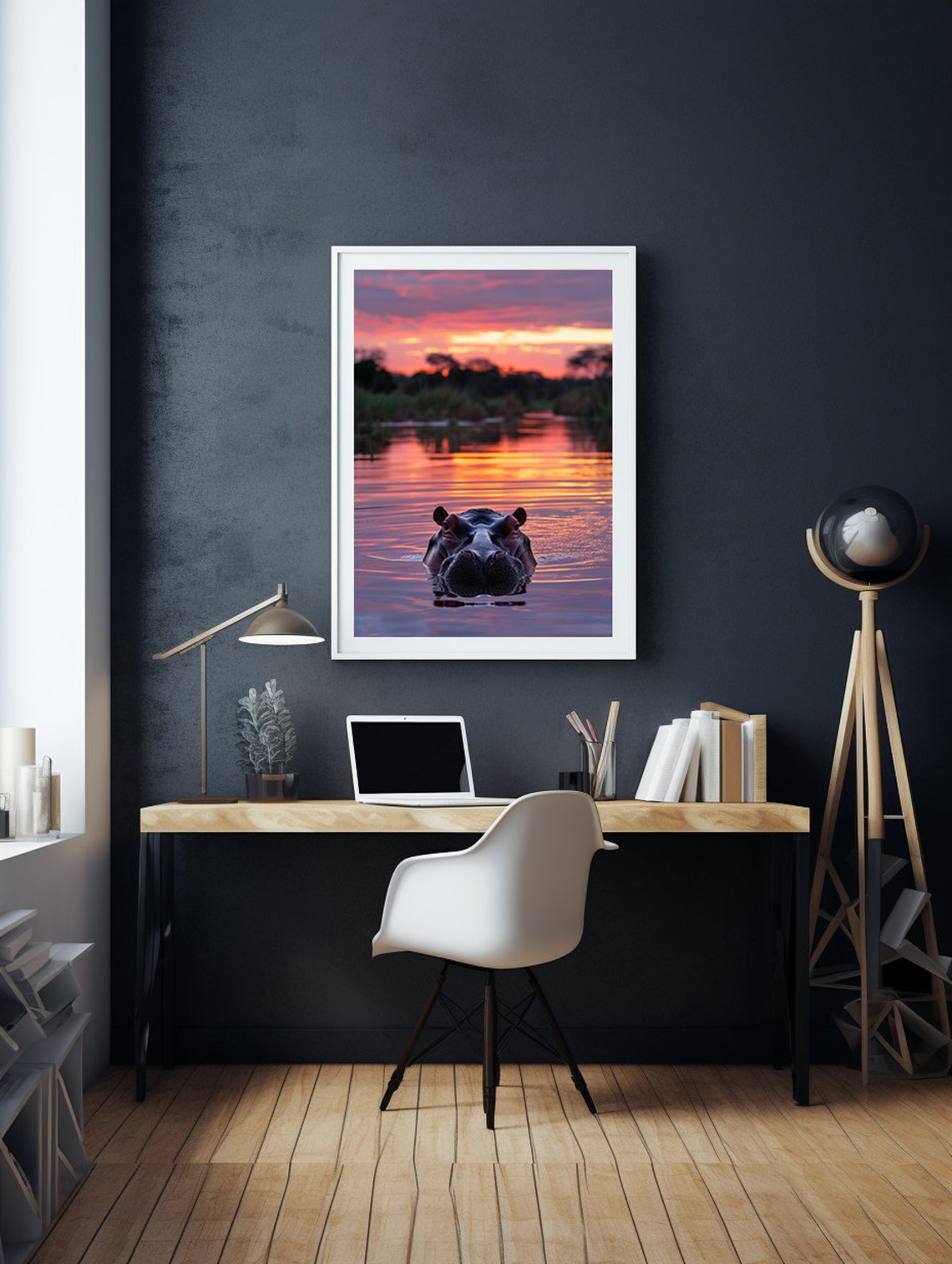Lone Hippo Rising at a Pink Purple Sunset Over Still Water Poster - Image 7