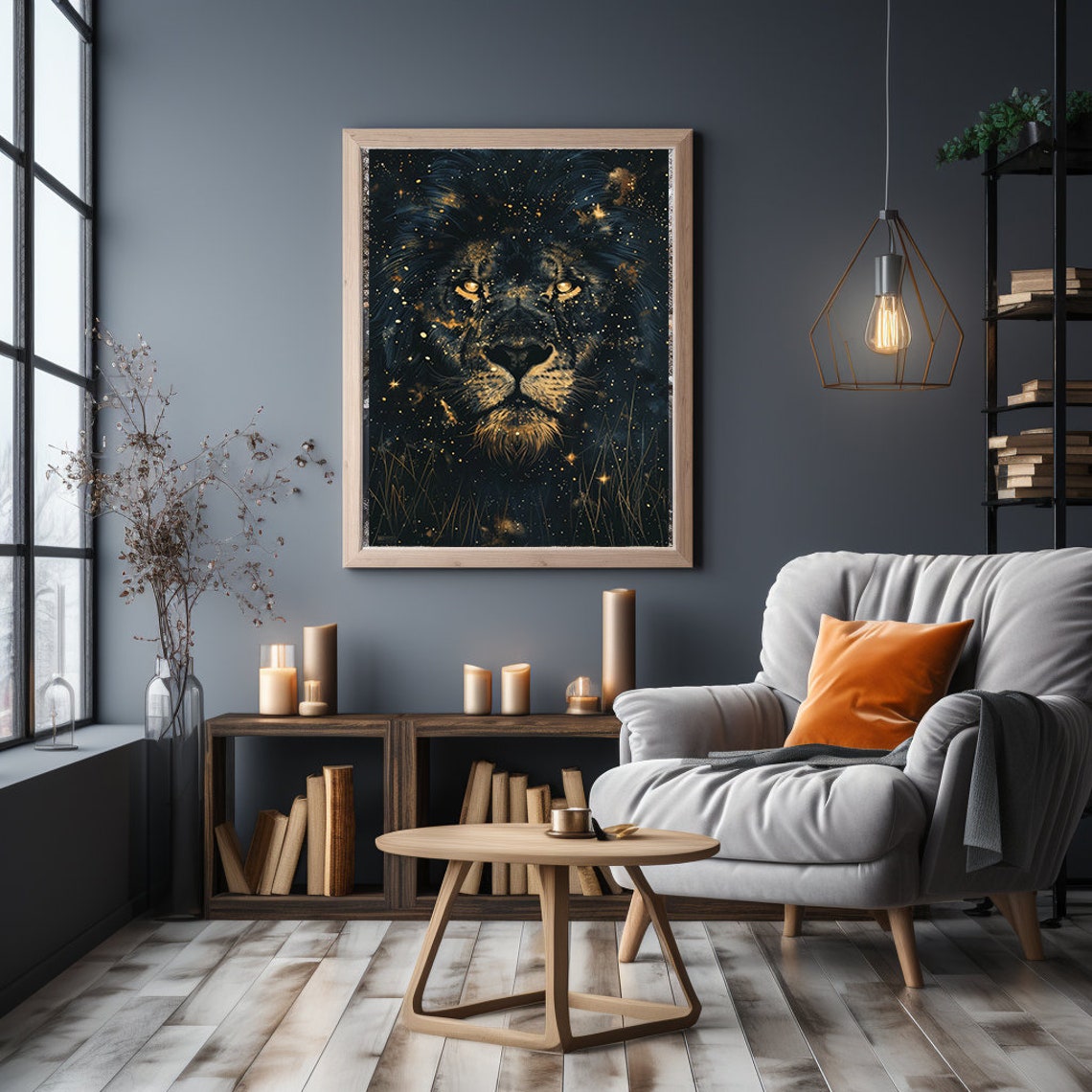 Majestic Lion Face Emerging from a Starry Cosmic Night Sky Poster - Image 2