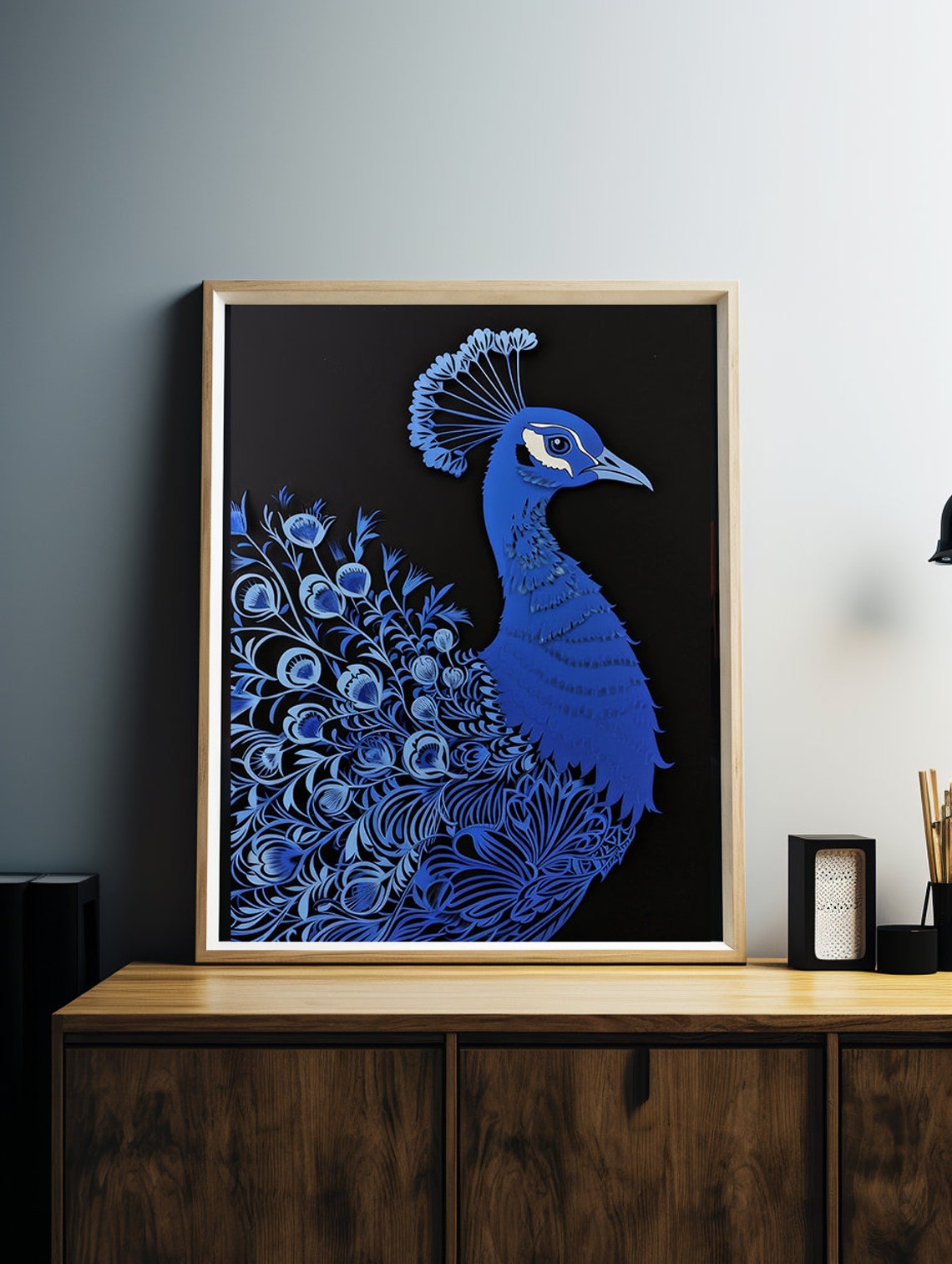 Royal Blue Peacock in Intricate Paper Cut Silhouette on Black Poster
