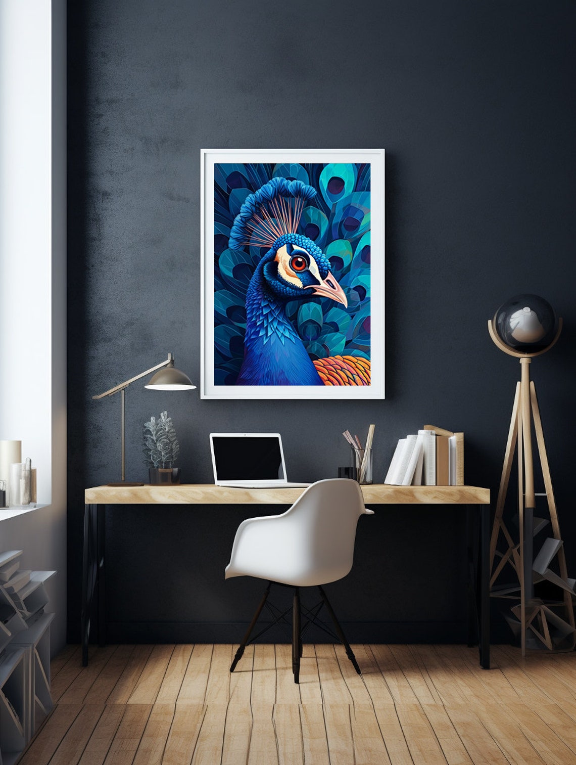 Vivid Blue Peacock Head in Striking Close-Up Portrait Poster - Image 2