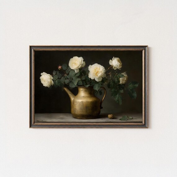 White Roses Brass Pitcher Vintage Floral Still Life Oil Painting Poster