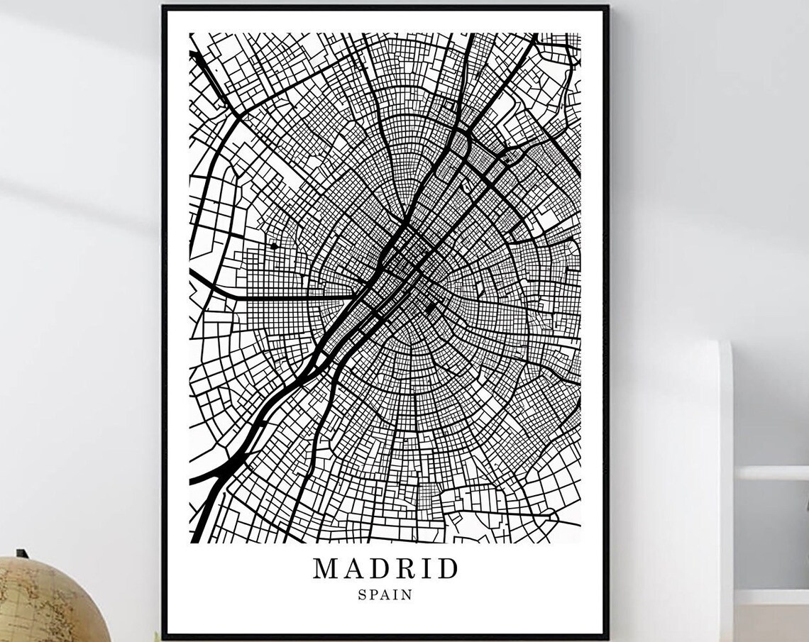 Madrid Spain Minimalist Black White City Street Map Art Poster