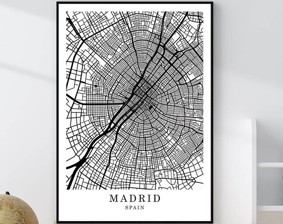 Madrid Spain Minimalist Black White City Street Map Art Poster