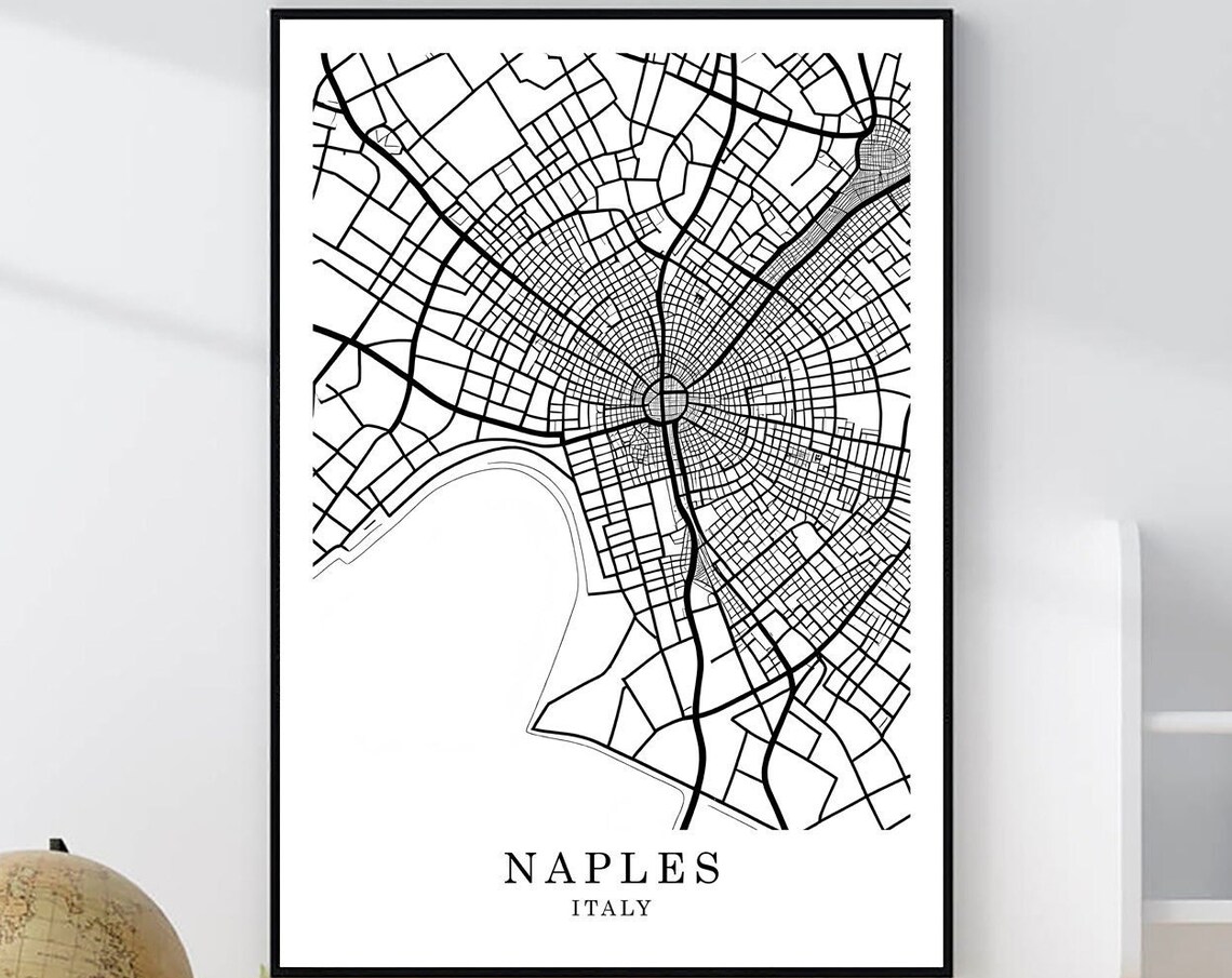 Naples Italy Minimalist Black White City Street Map Art Poster