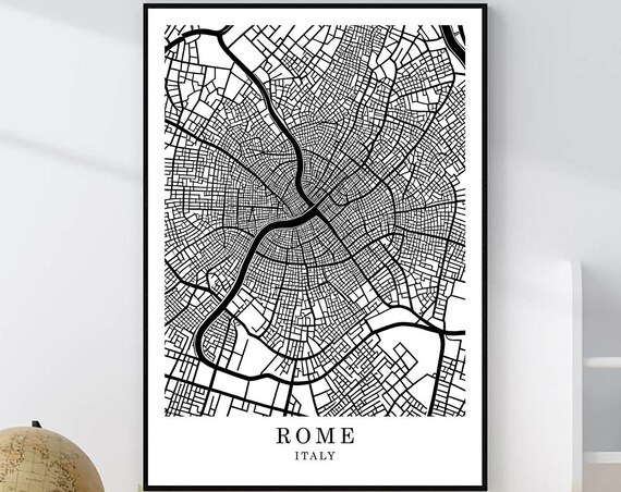 Rome Italy Minimalist Black White City Street Map Art Poster