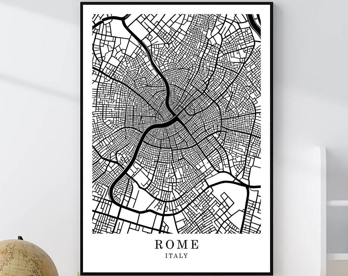 Rome Italy Minimalist Black White City Street Map Art Poster
