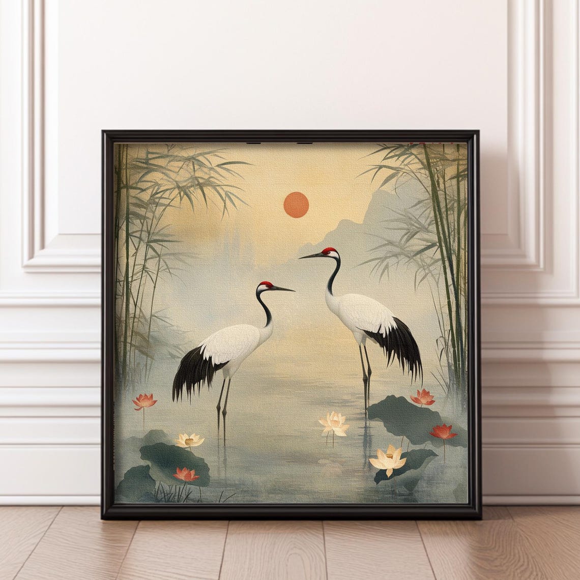 Two Red Crowned Cranes Lotus Flowers Red Sun Vintage Japan Poster