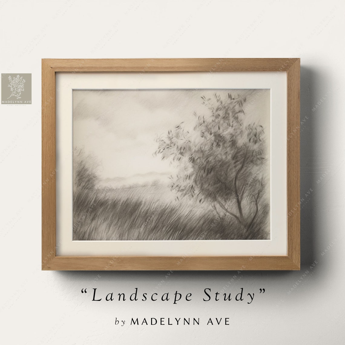 Charcoal Landscape Study Trees Grasses Vintage Sketch Poster