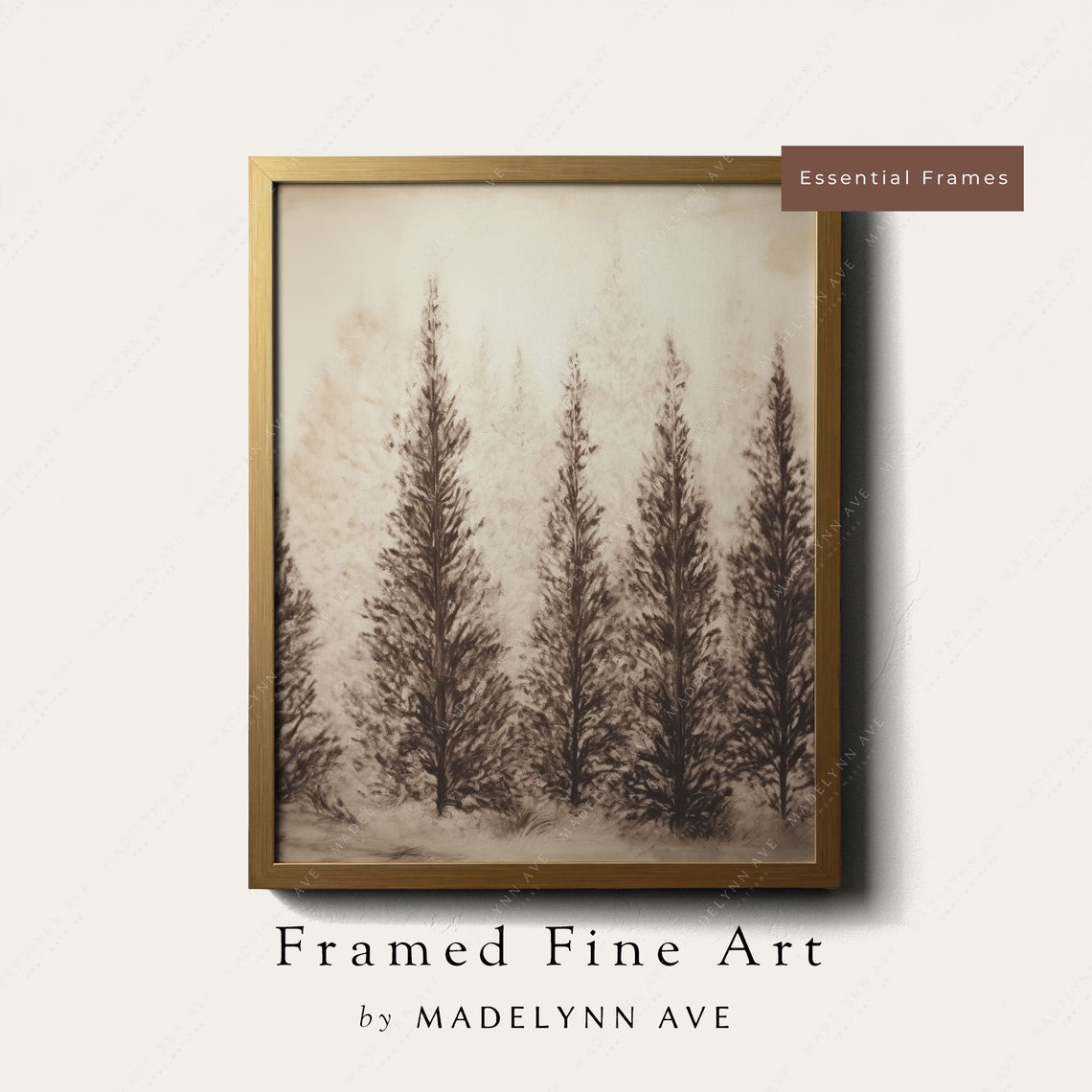 Framed Antique Pine Trees Art Print Vintage Modern Style Charcoal Wall Art Neutral Rustic Pine Forest For Living Room Wood Frames