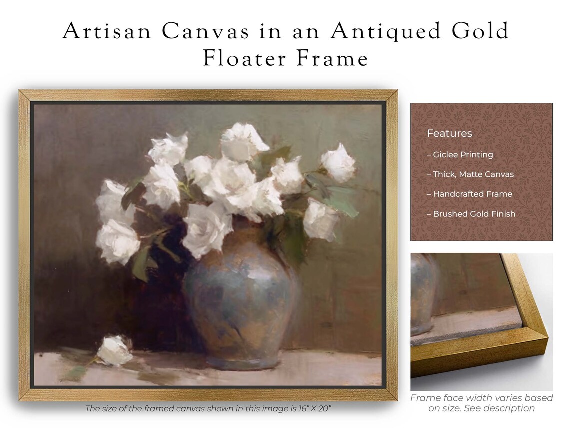 White Roses In A Vintage Vase Moody Floral Oil Painting Poster - Image 4