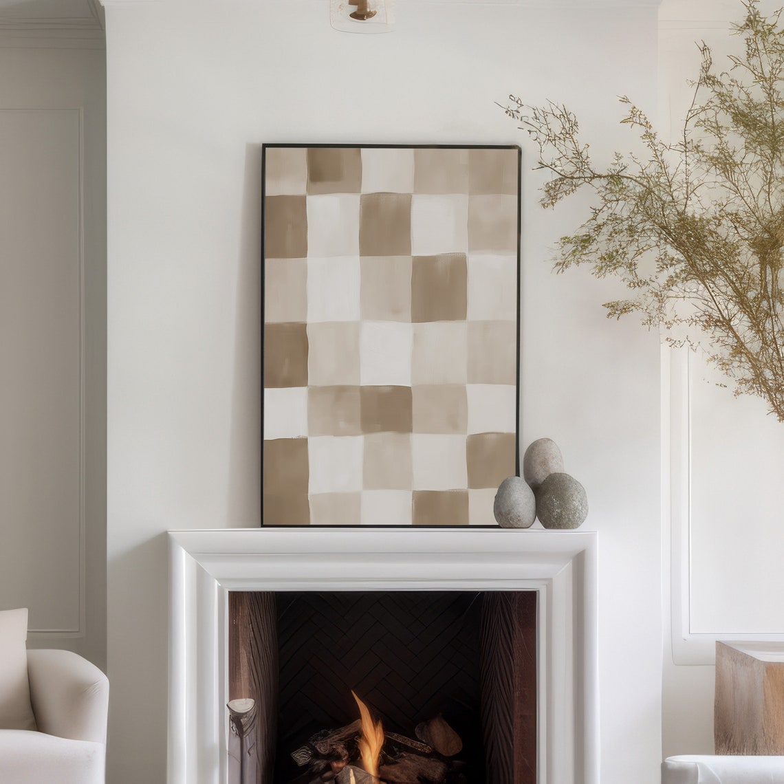 Beige Checkered Buffalo Plaid Neutral Abstract Modern Wall Art - Image 4