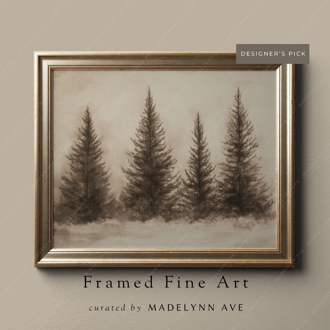 Vintage Winter Trees Art Print, Rustic Evergreen