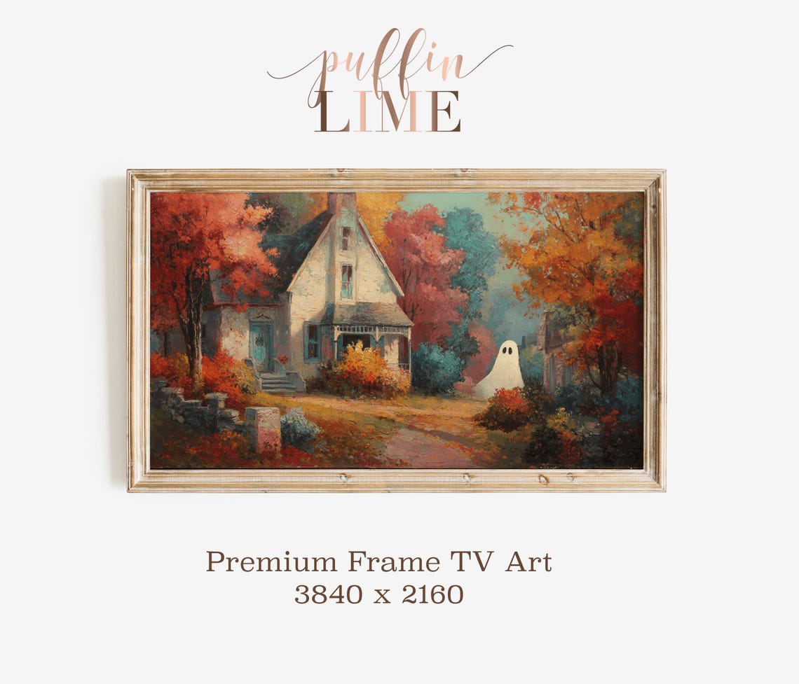 Autumn Cottage Ghost Fall Foliage Cozy Halloween Forest Art Poster