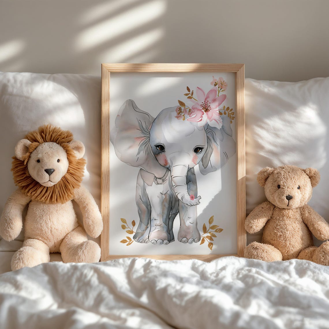 Baby Elephant Watercolor Print Floral Crown Nursery Wall Art