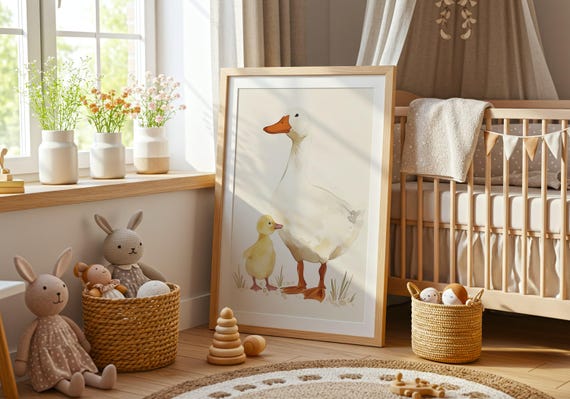 Watercolor Duck And Duckling Print Farmhouse Nursery Art