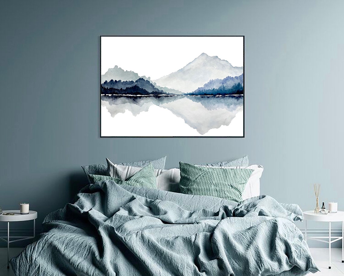 Minimalist Blue Mountain Lake Reflection Gray Watercolor Art Poster - Image 2