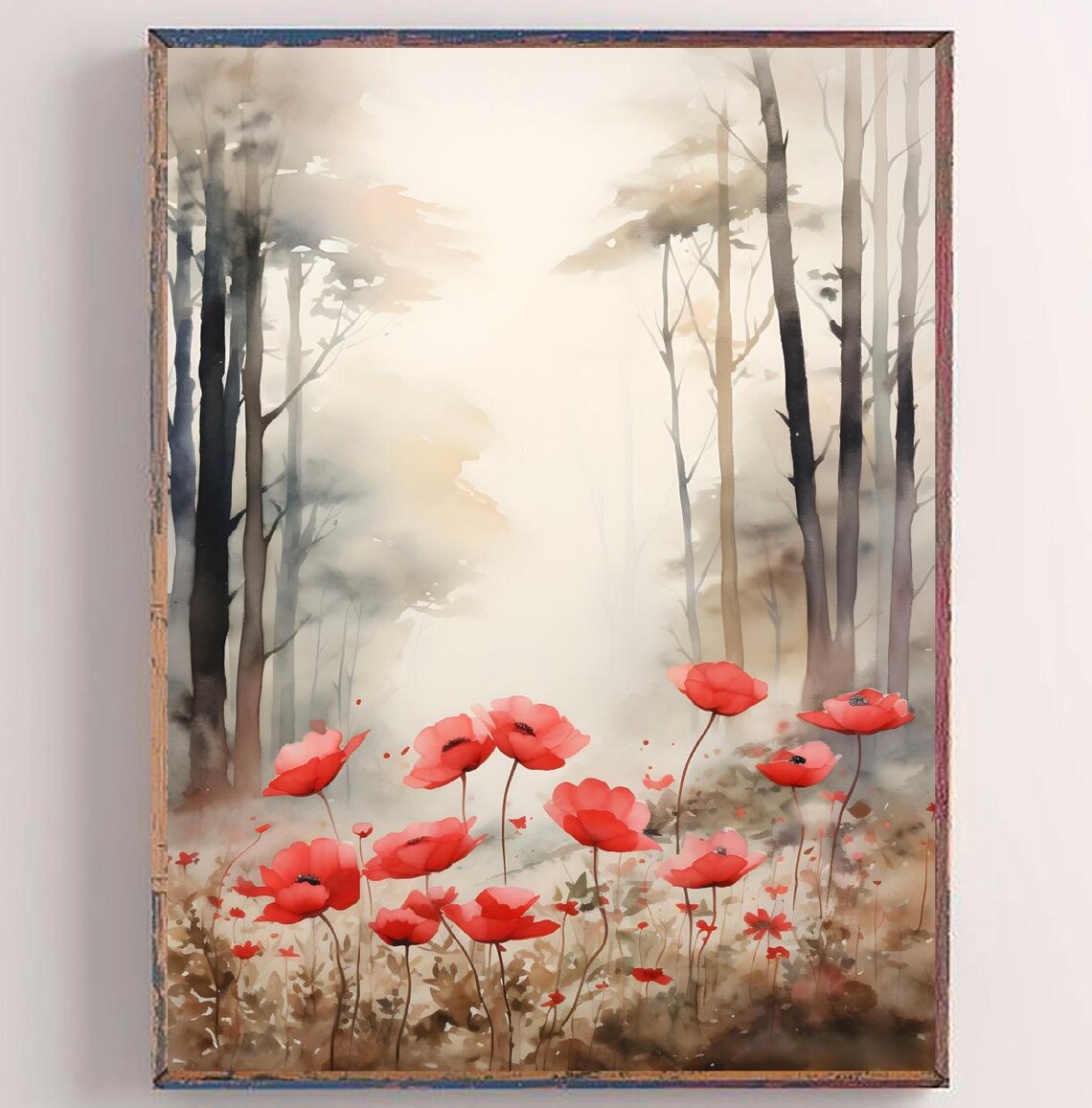 North Carolina Misty Forest Red Poppy Watercolor Floral Art Poster