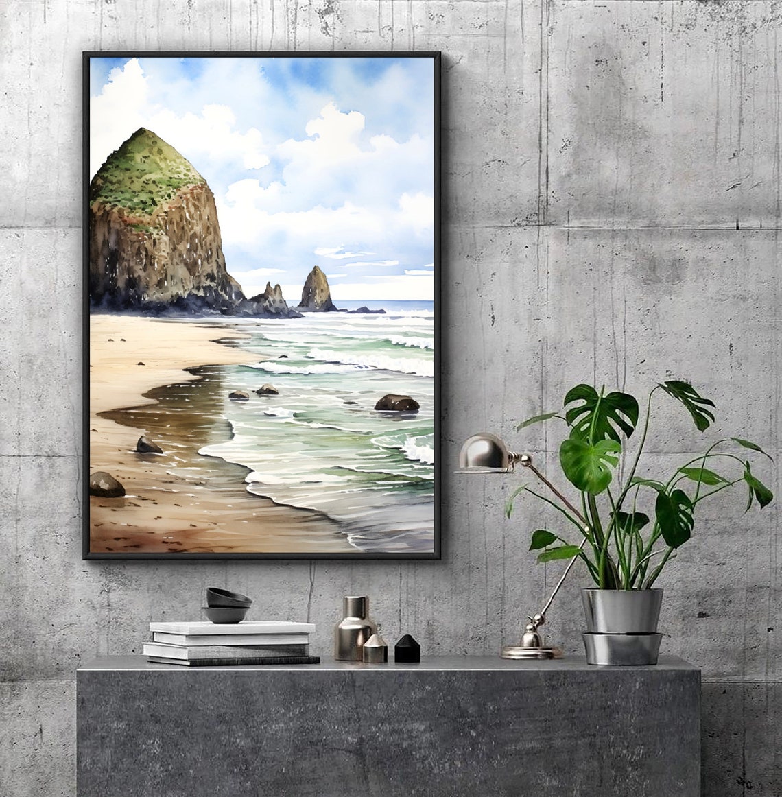 Cannon Beach Oregon Haystack Rock Sandy Coast Watercolor Poster - Image 4