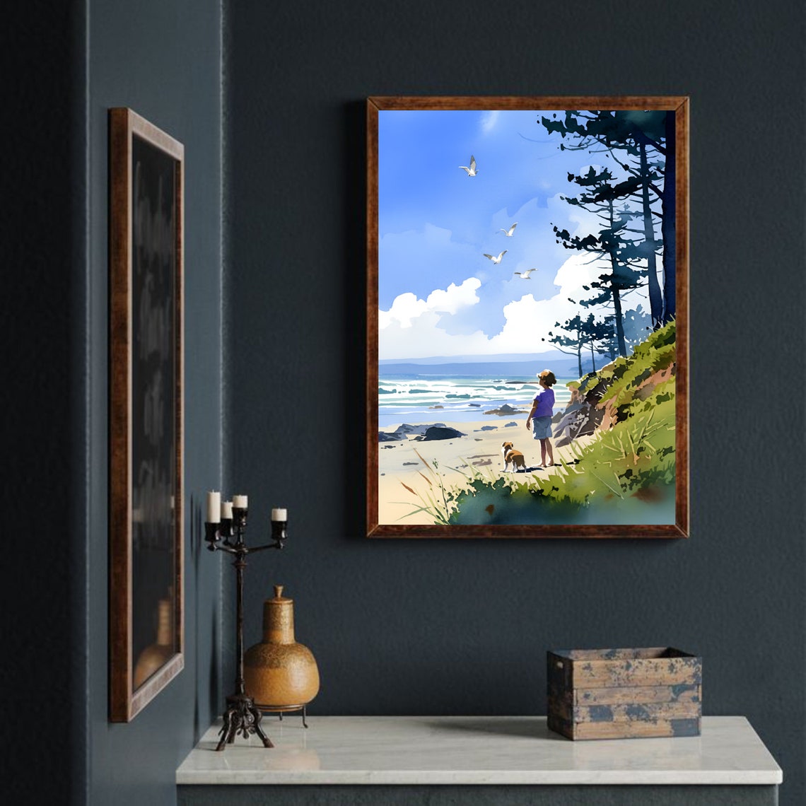 Beach with Child and Dog Seagulls Watercolor Coastal Scene Poster - Image 3