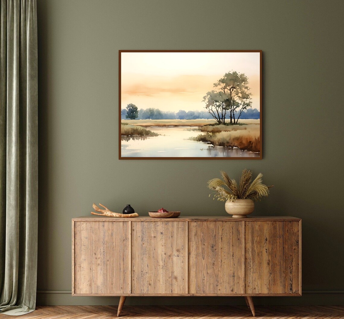 Golden Sunrise Marsh Wetlands Watercolor Soft Neutral Art Poster - Image 2