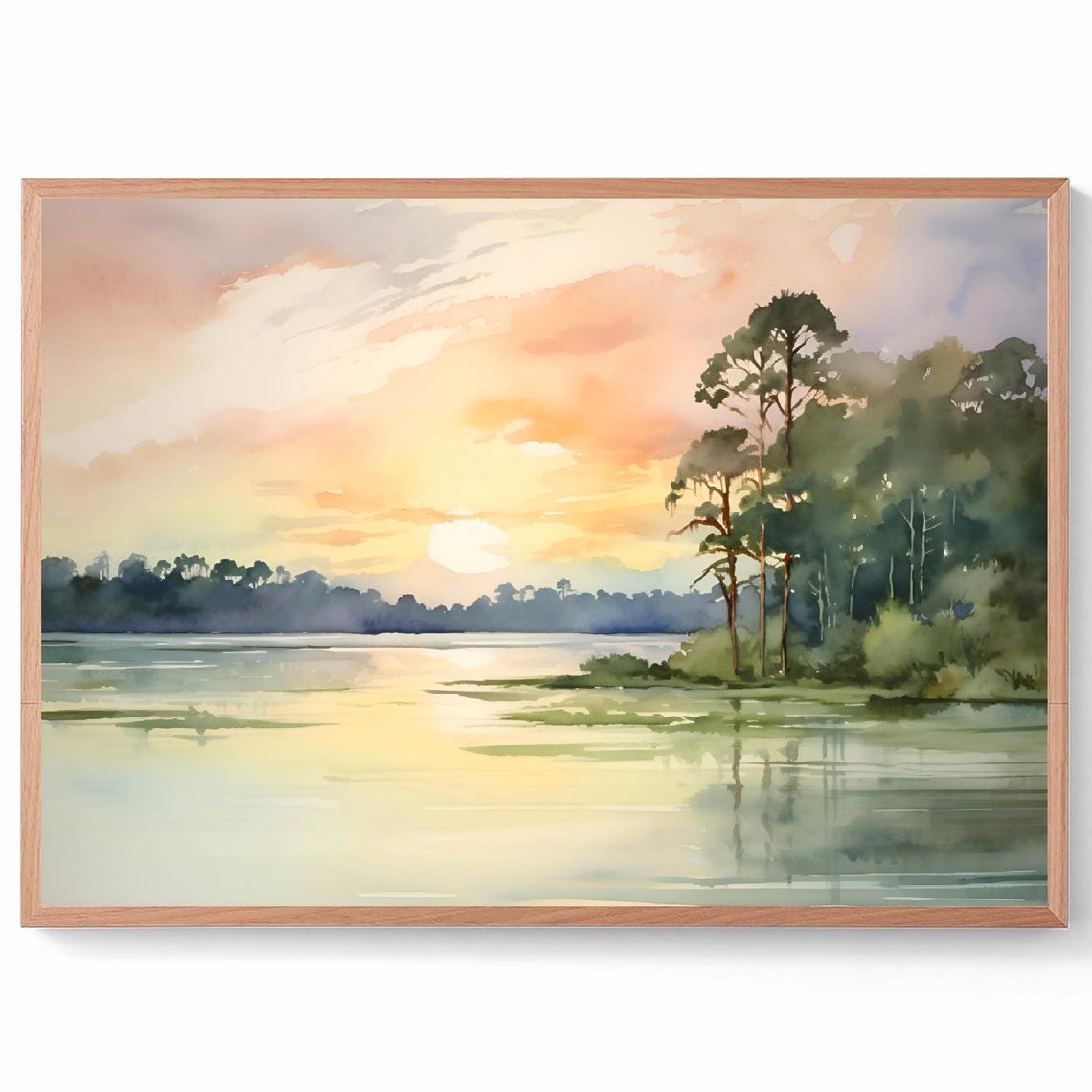 Sunset Lake Golden Sky Pine Shore Reflections Watercolor Art Poster