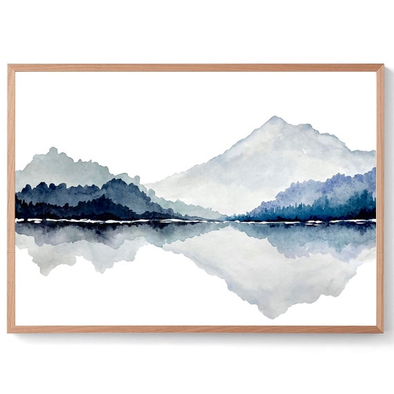 Indigo Blue Print Large Watercolor Landscape Minimalist Wall Art Mountain Lake Painting Panorama Art Print Moody Blue Poster