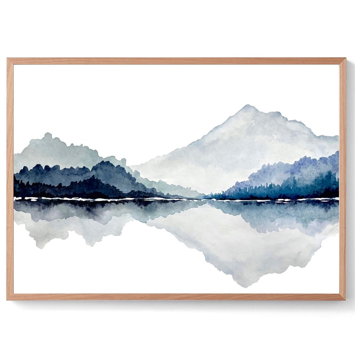 Minimalist Blue Mountain Lake Reflection Gray Watercolor Art Poster