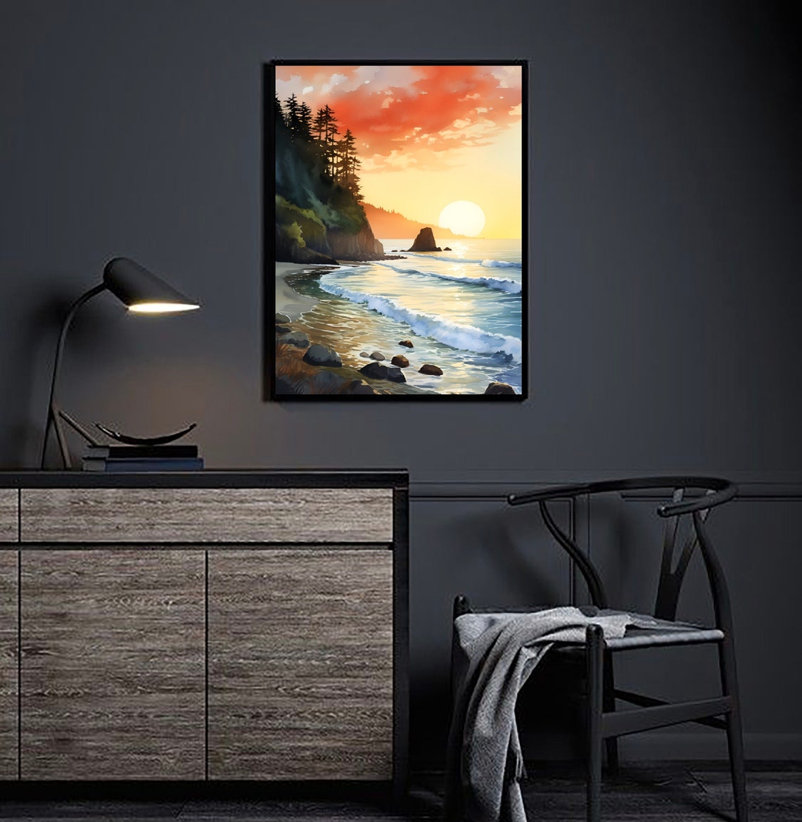 Ruby Beach Sunset Sea Stack Waves Watercolor Coastal Art Poster - Image 2
