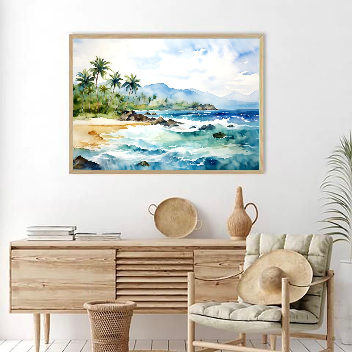 Tropical Palm Beach Turquoise Surf Ocean Mountains Watercolor Poster - Image 2