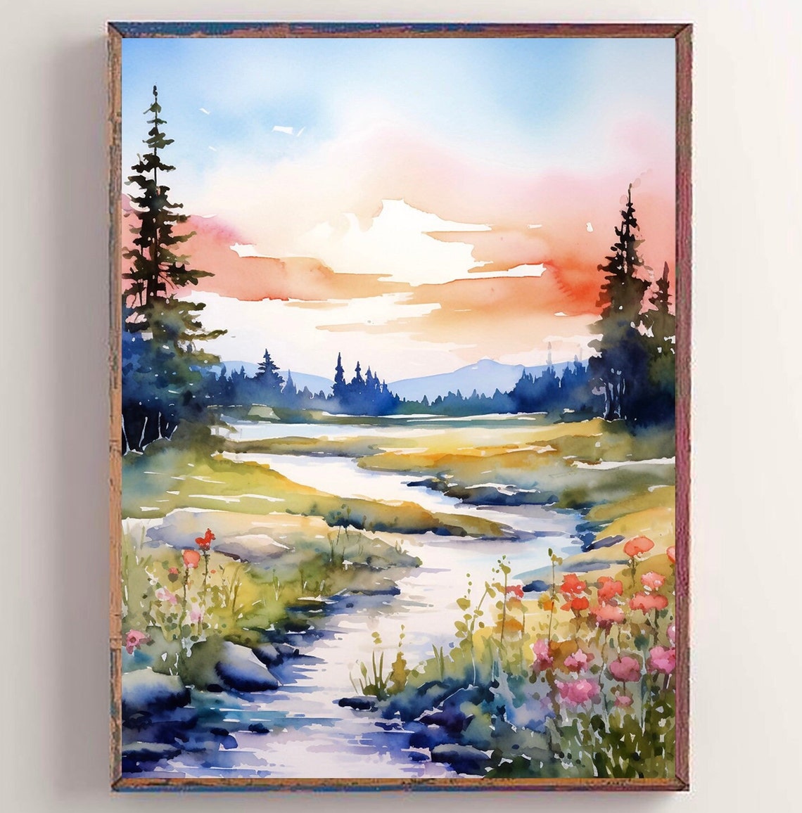 Idaho Forest River Sunset Pine Trees Stream Watercolor Poster