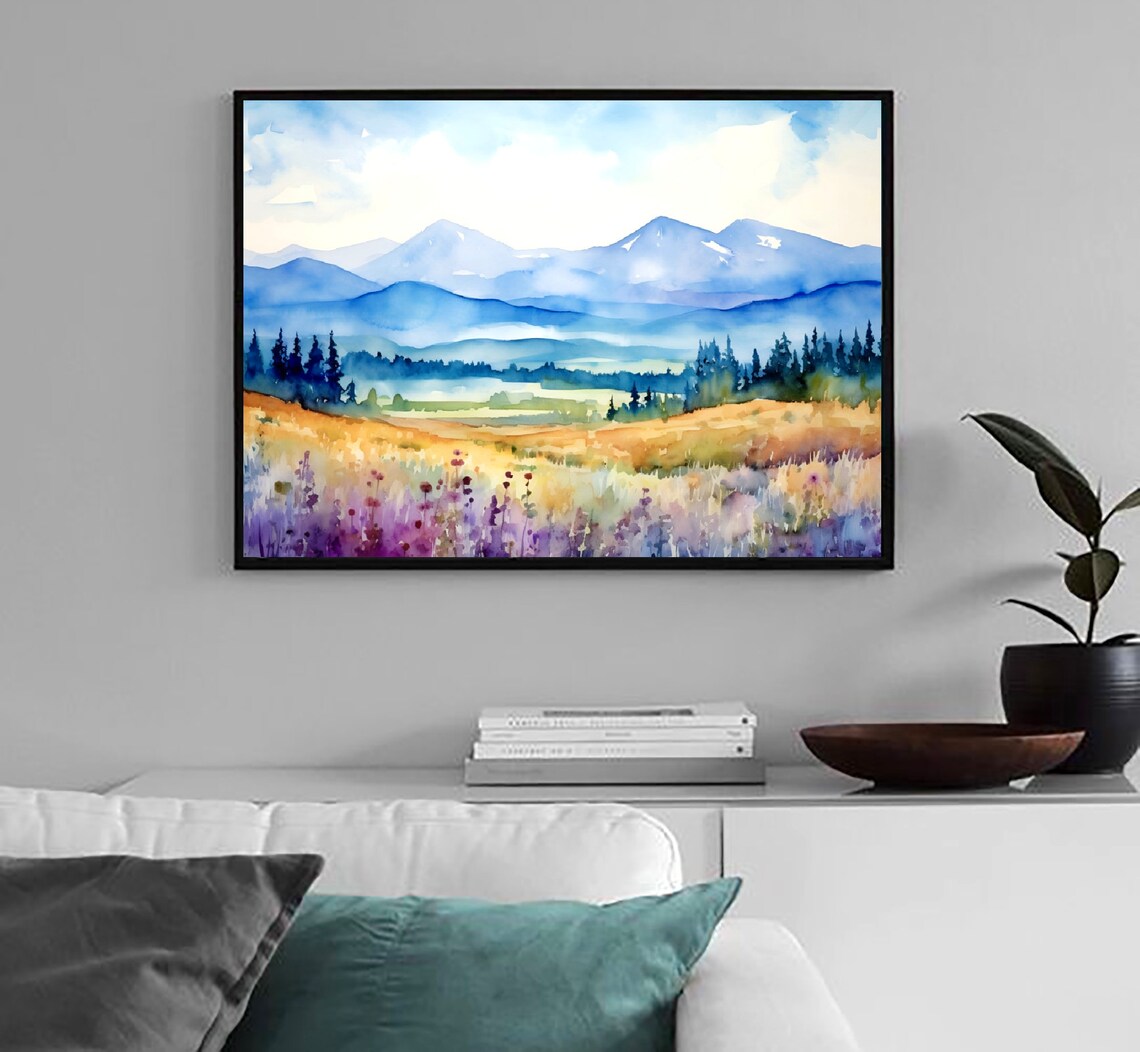 Blue Mountain Valley Watercolor Art Print, Panoramic Retro Landscape - Image 2