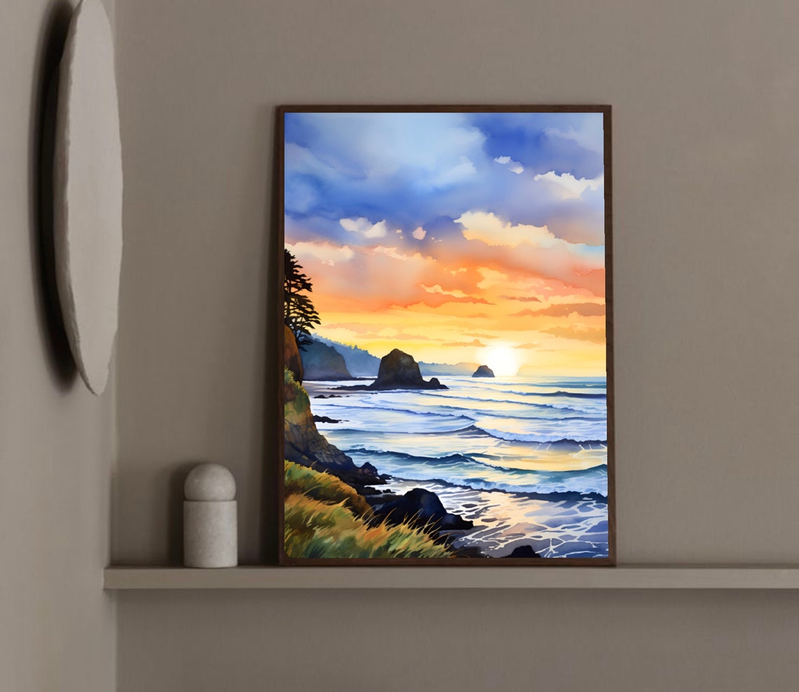 Cannon Beach Oregon Sunset Ocean Waves Coast Watercolor Poster - Image 2
