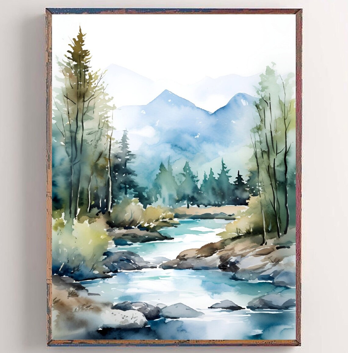 Rocky Mountain Pine River Watercolor Wilderness Landscape Art Poster