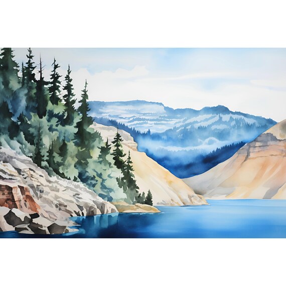 Crater Lake National Park Blue Cliffs Pines Watercolor Poster
