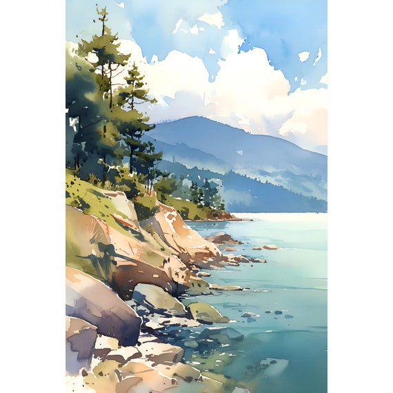 Okanogan River Art Print Mountain River Watercolor Washington Landscape Wall Art Evergreen Forest Painting Blue Green Poster