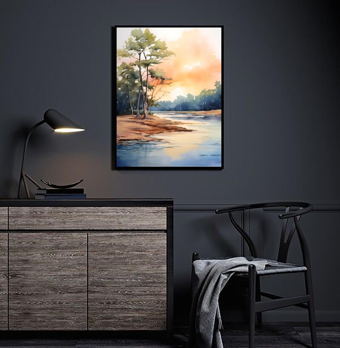 Misty River Sunset Lone Tree Pastel Water Watercolor Art Poster - Image 3