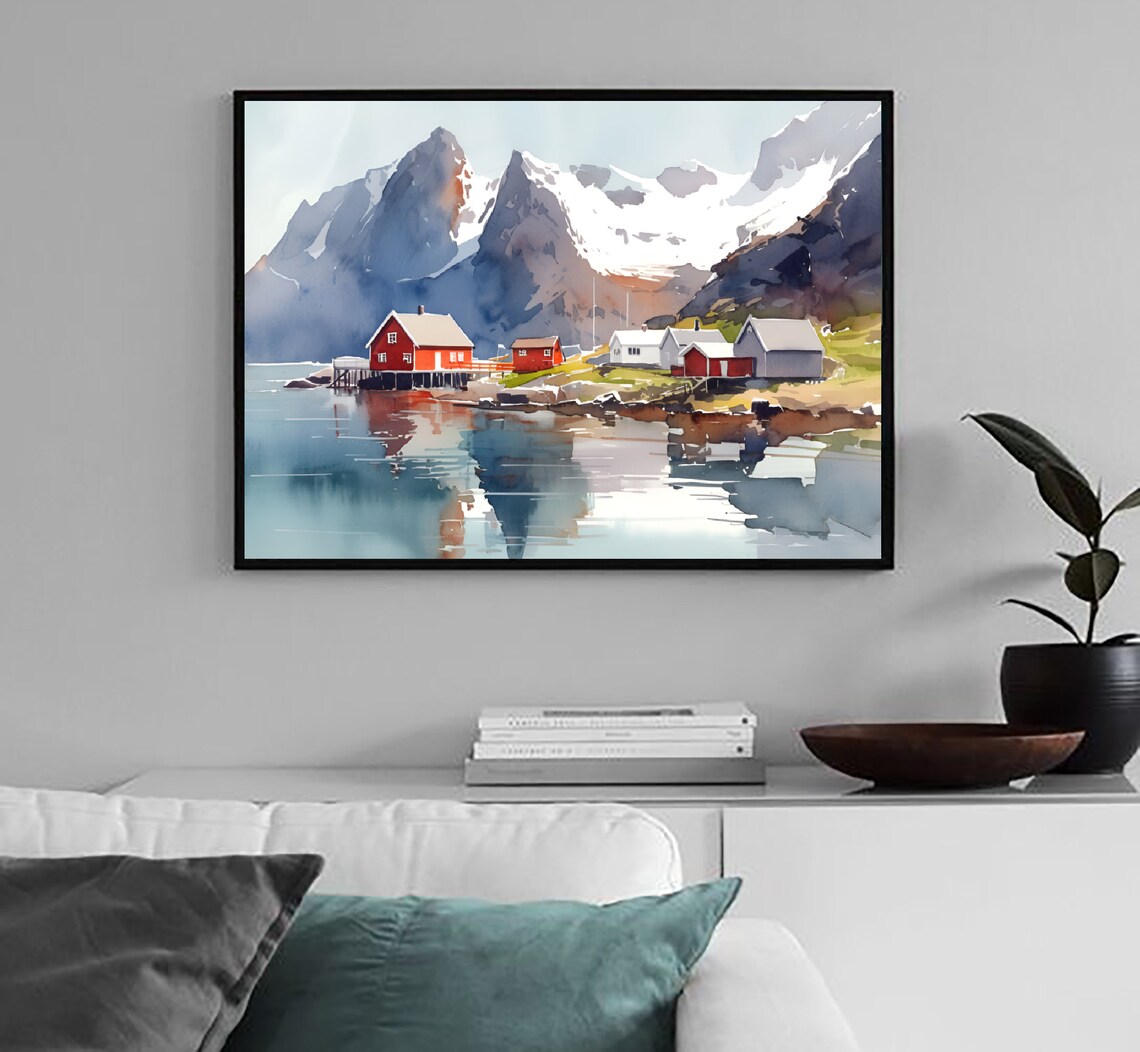 Lofoten Islands Norway Red Fishing Cabins Fjord Watercolor Poster - Image 4